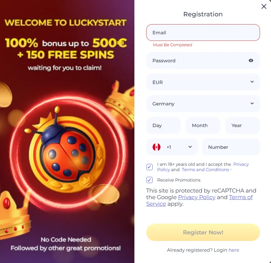 Registration form at LuckyStart Casino for new players to sign up and claim the welcome bonus.