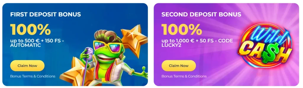 First and second deposit bonuses at Luckystart Casino to claim rewards.