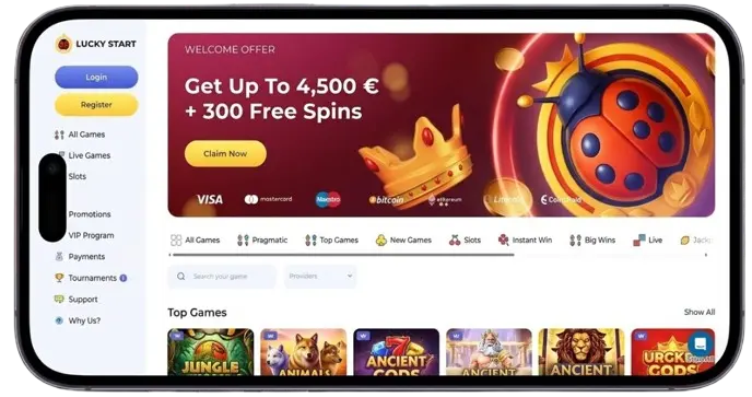 Mobile interface at Luckystart Casino for playing games on the go.