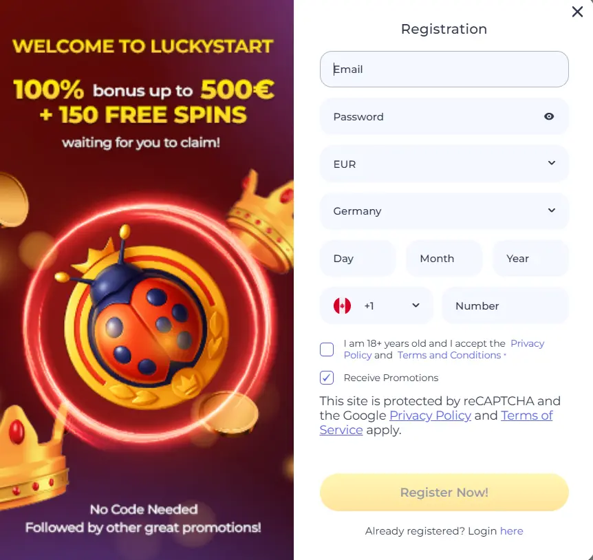 Registration form at Luckystart Casino to sign up and claim the welcome bonus.
