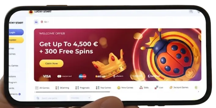 LuckyStart Casino interface on a smartphone screen showing a welcome bonus for mobile players.