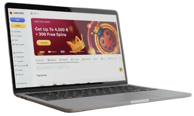 Laptop displaying LuckyStart Casino home page and its welcome offer for new online players.