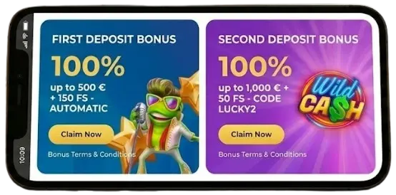 A smartphone, showing two casino bonus offers on screen, to entice players.