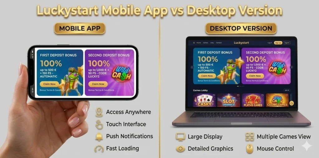 Luckystart mobile vs desktop comparison showing features to help players choose.